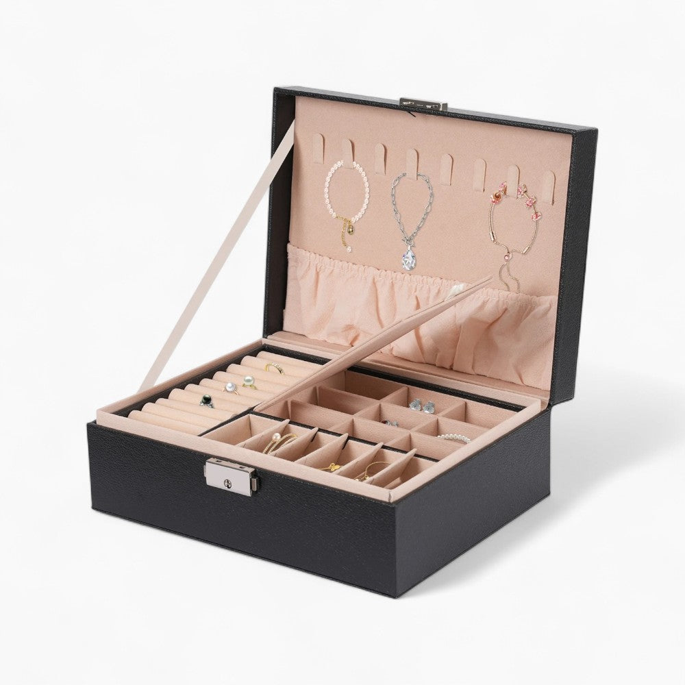 Boîte Bijoux Cuir Noir Velours Verrouillage