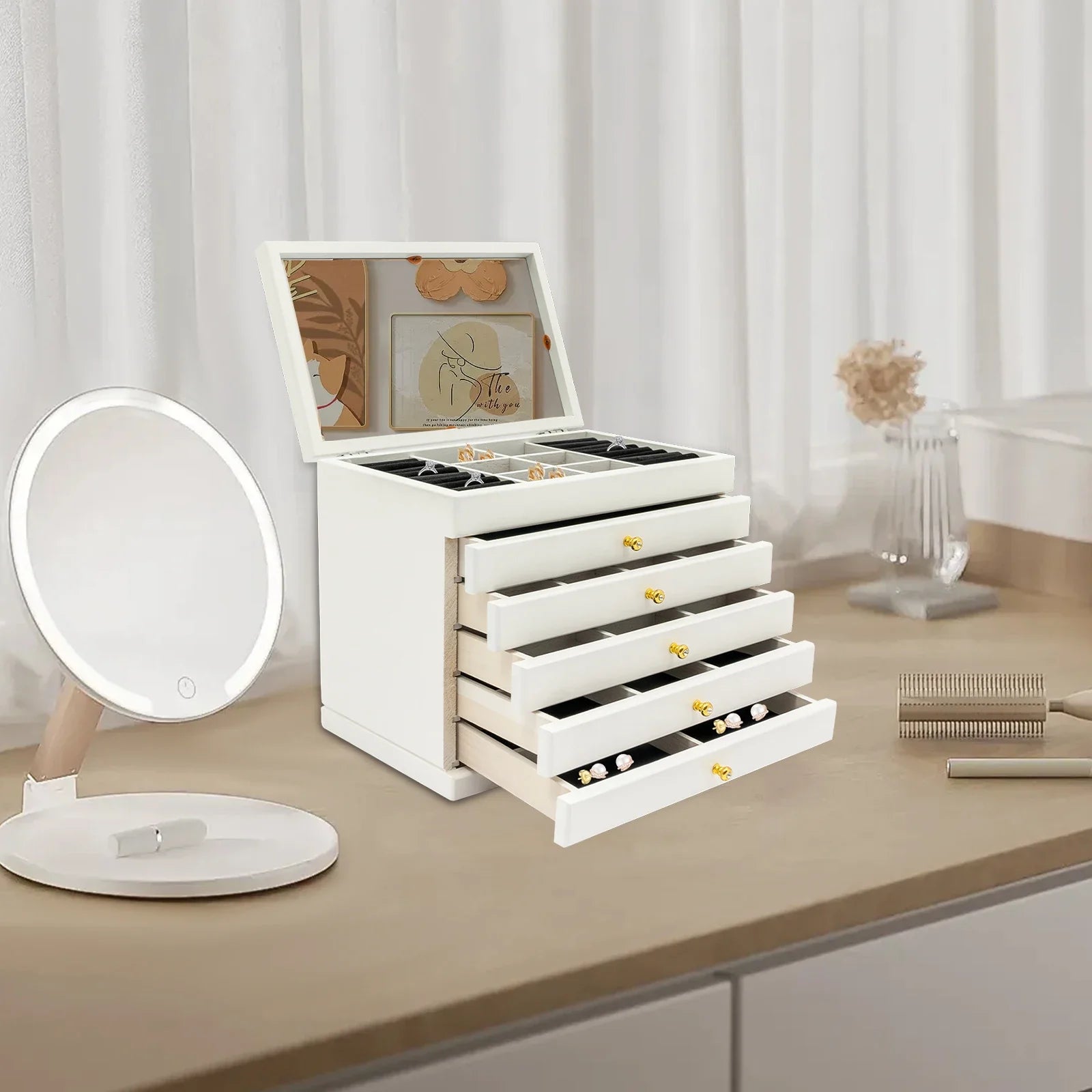 Boîte Bijoux Bois Blanche 6 Tiroirs Miroir
