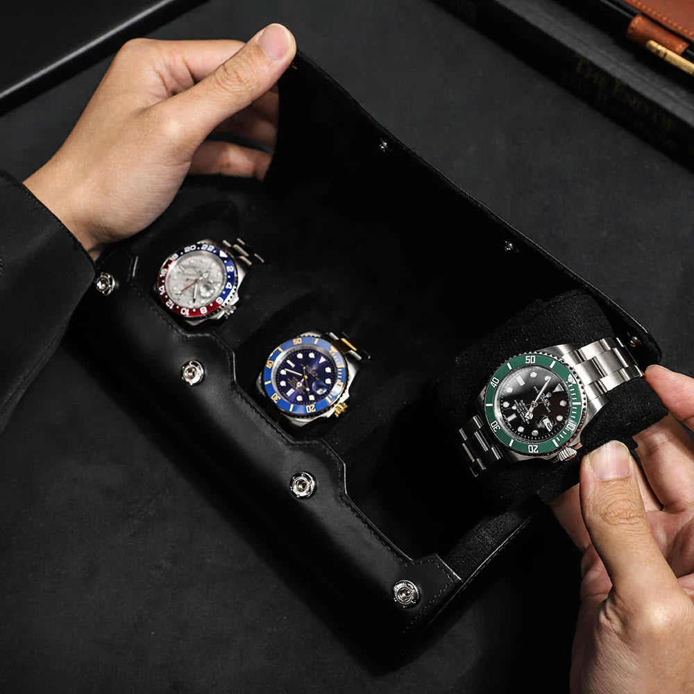 Etui Montre Cuir Noir 3 Places Voyage Artisanal