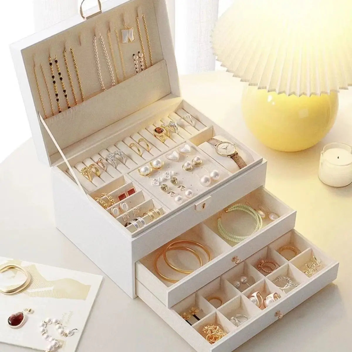 Boîte à Bijoux Cuir Double Niveau 12 Compartiments