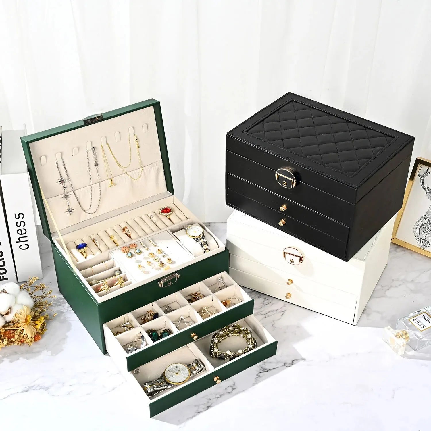 Boîte Bijoux Cuir Haut de Gamme Couvercle Vitré