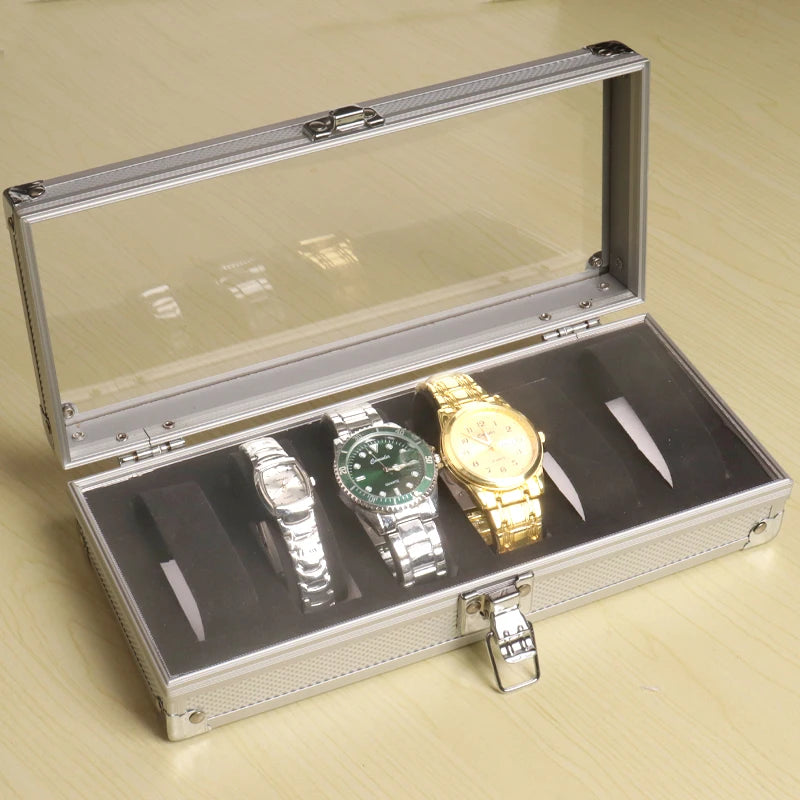 Boîte Montre Métal Daim Compartiments Vitrine