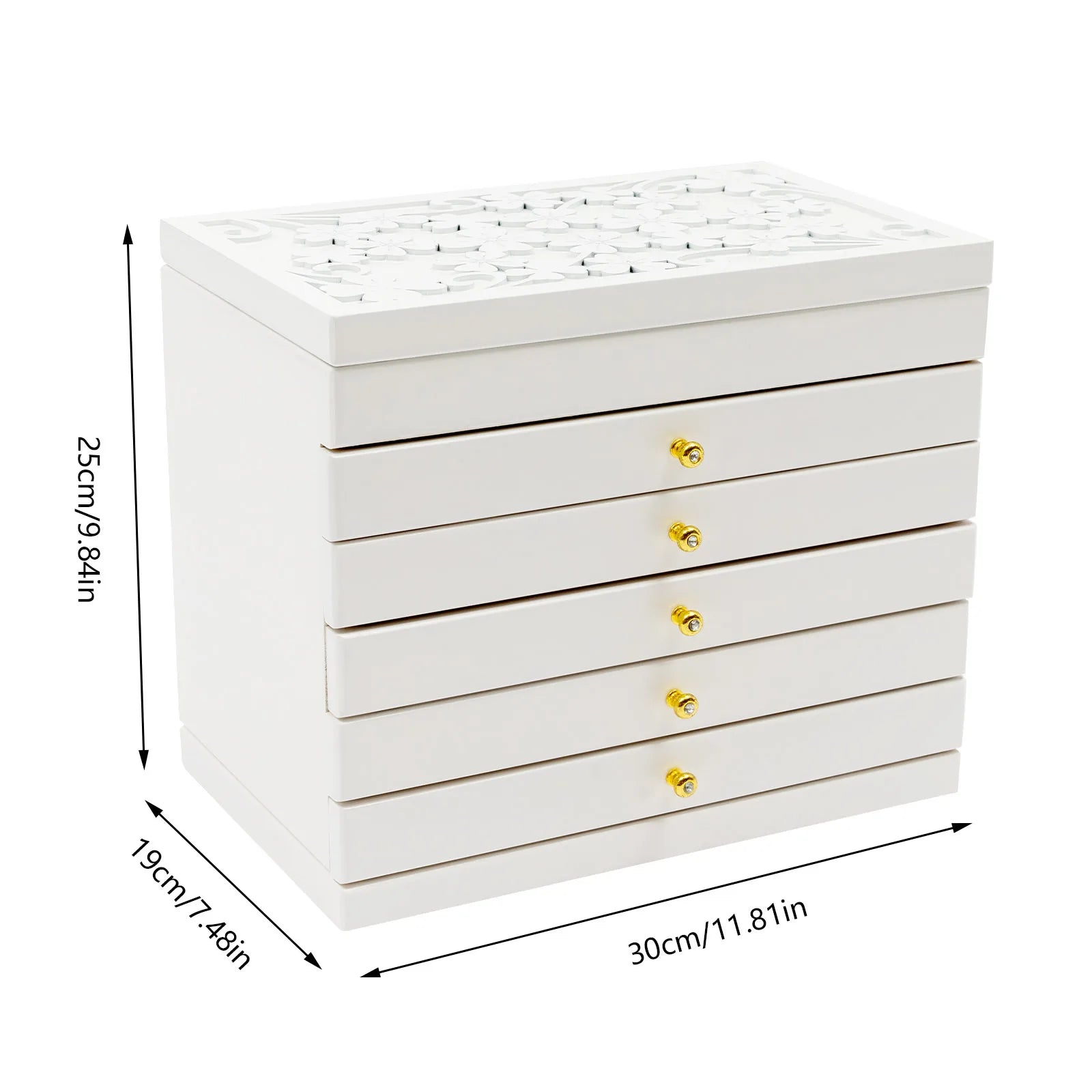 Boîte Bijoux Bois Blanche 6 Tiroirs Miroir