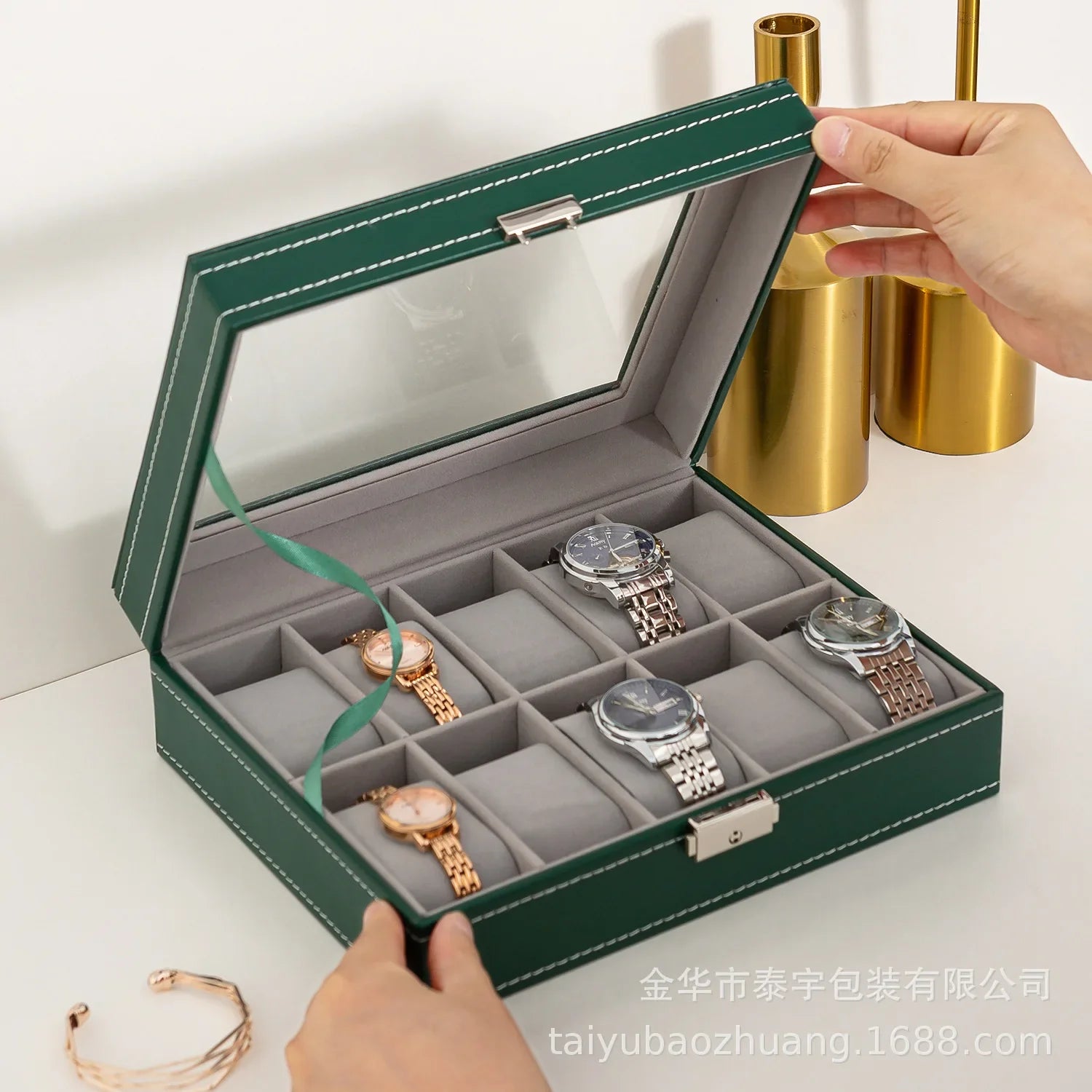 Coffret Montre Cuir Vert 6 10 12 Serrure