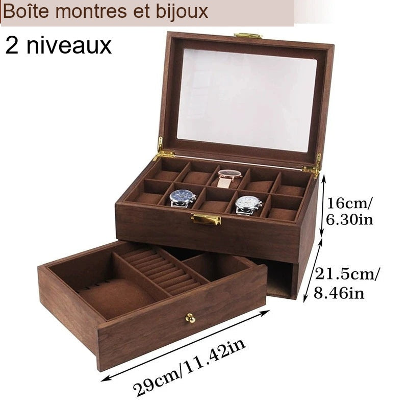Boîte à montres bois 4 modèles – modèle 2 étages avec tiroir à bijoux, schéma des dimensions