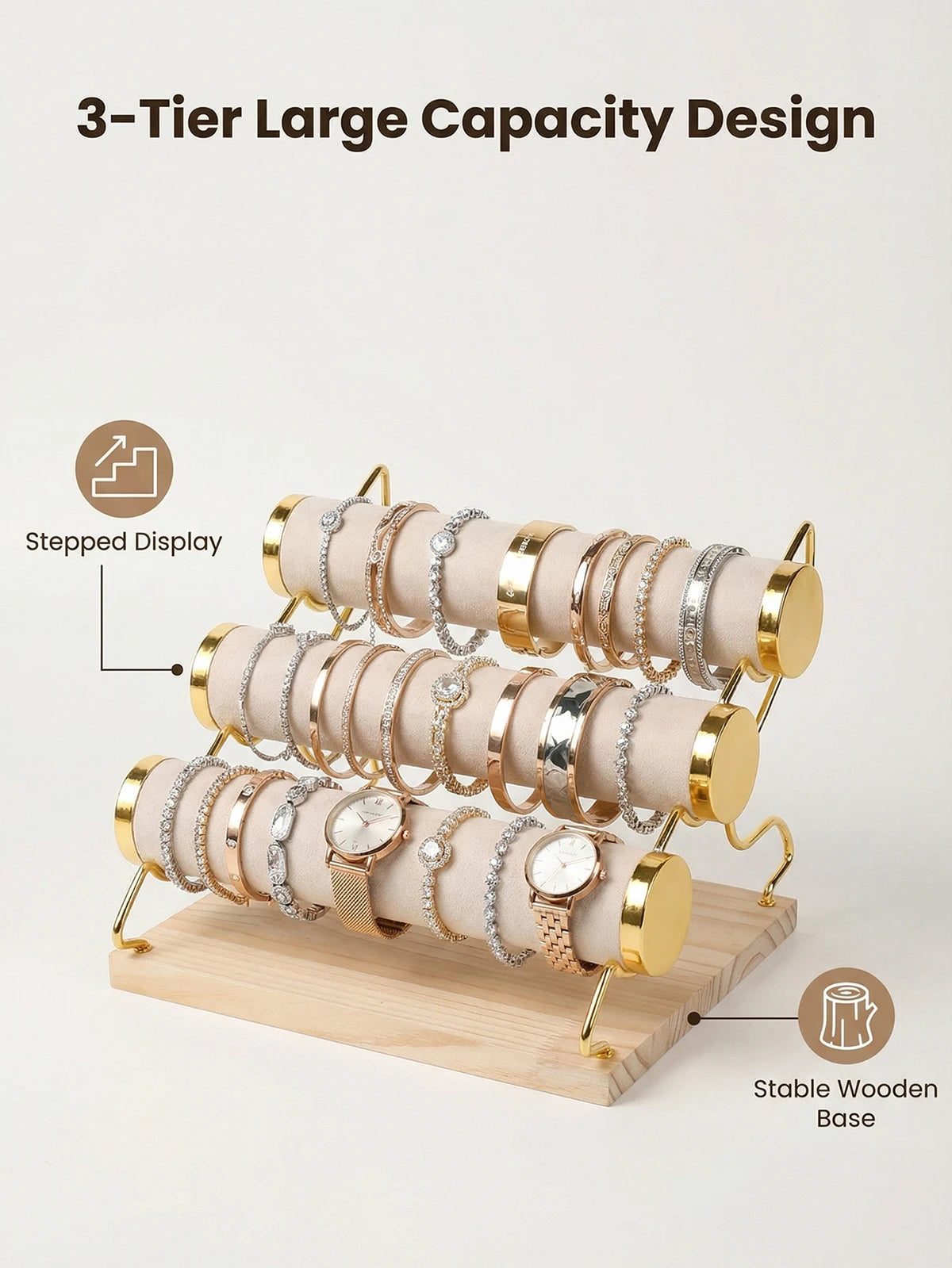 Présentoir Velours Bois 3 Niveaux Doré Bracelet
