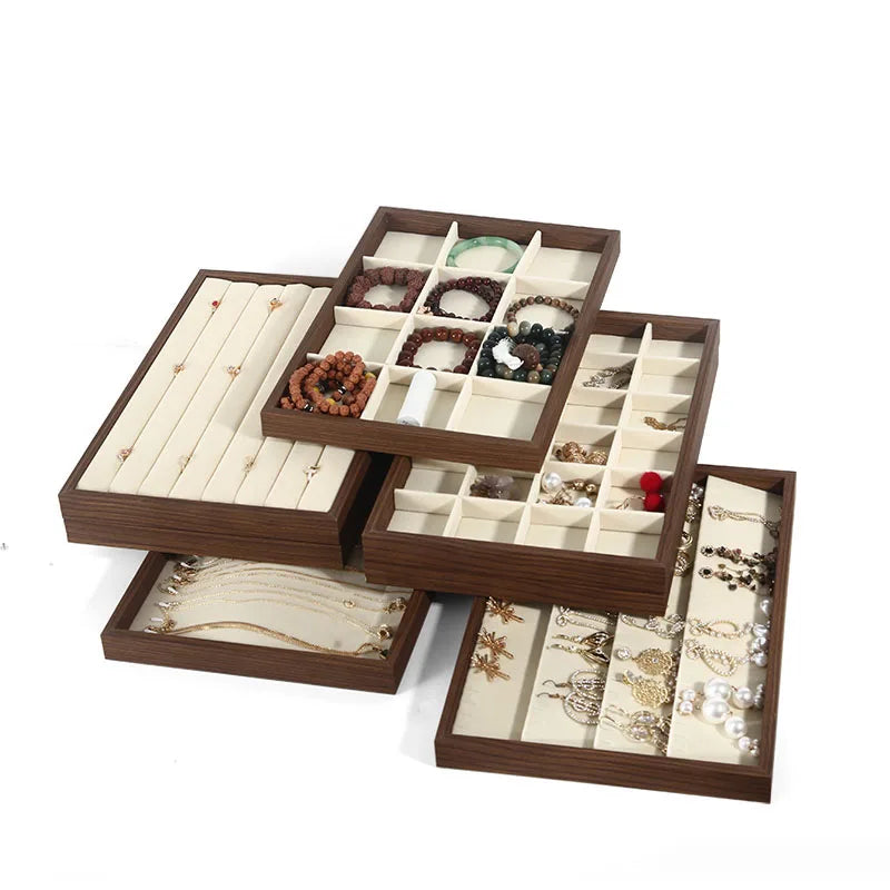 Plateau Bijoux Bois Noyer Velours Rétro