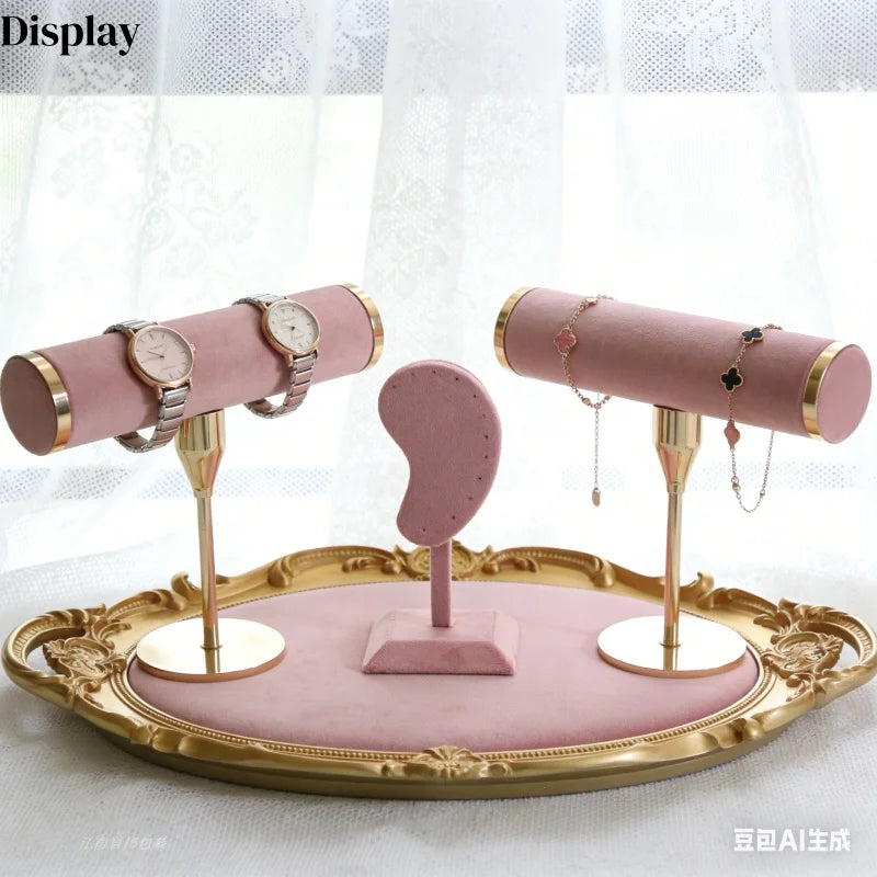 Plateau Bijoux Velours Rose Métal Multifonction