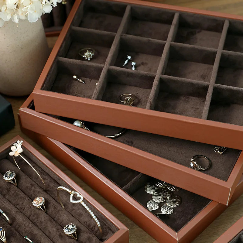 Plateau Bijoux Cuir Marron Velours Rangement