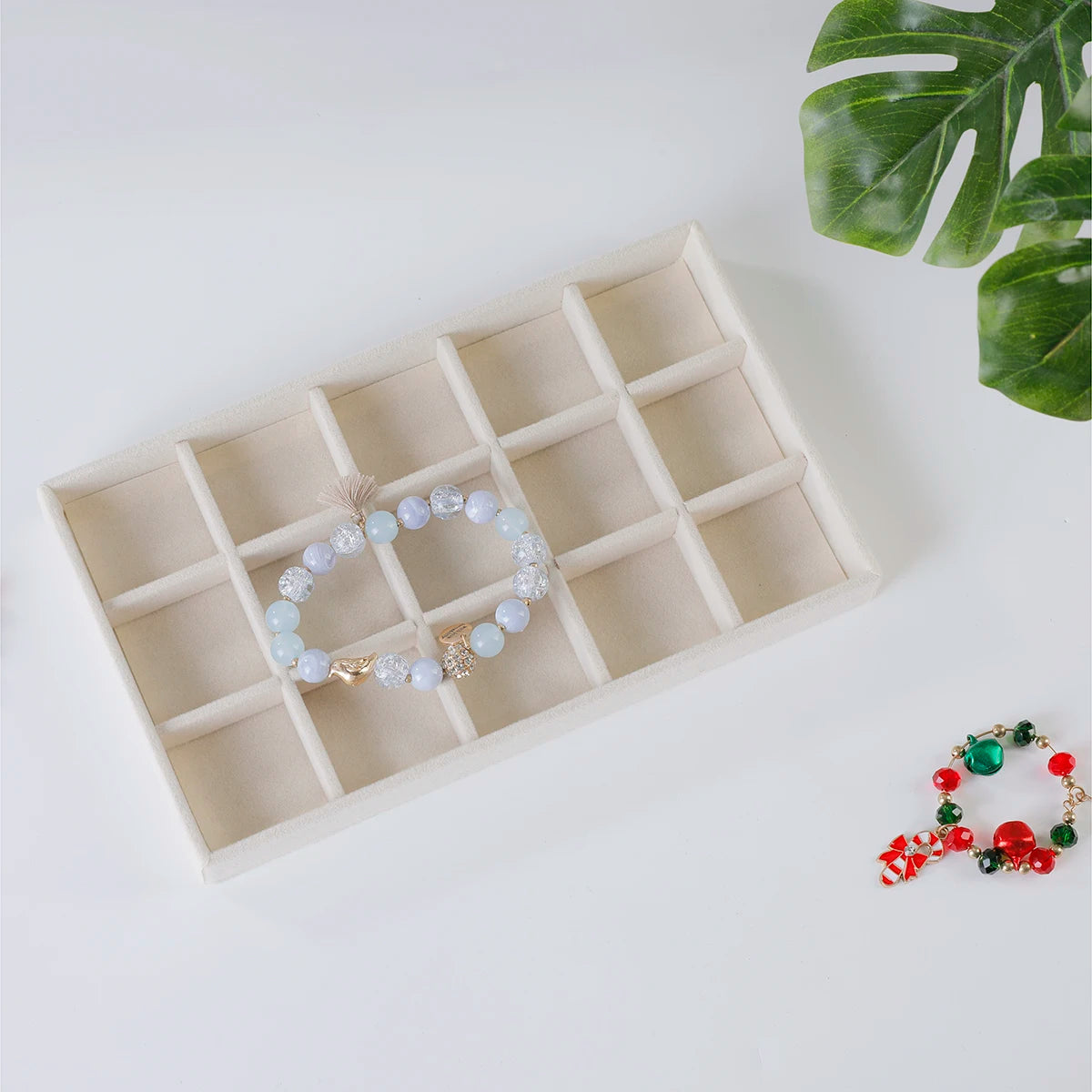 Plateau Bijoux Velours Beige Multi-Compartiments