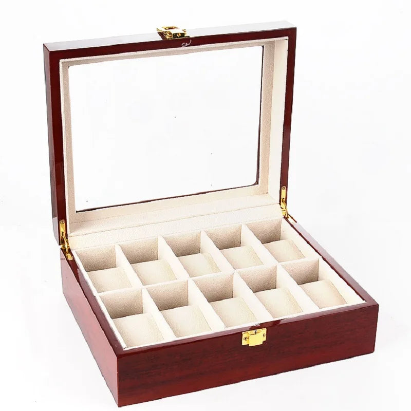 Coffre Fort Montre Bois Rouge Foncé Multi-Capacité
