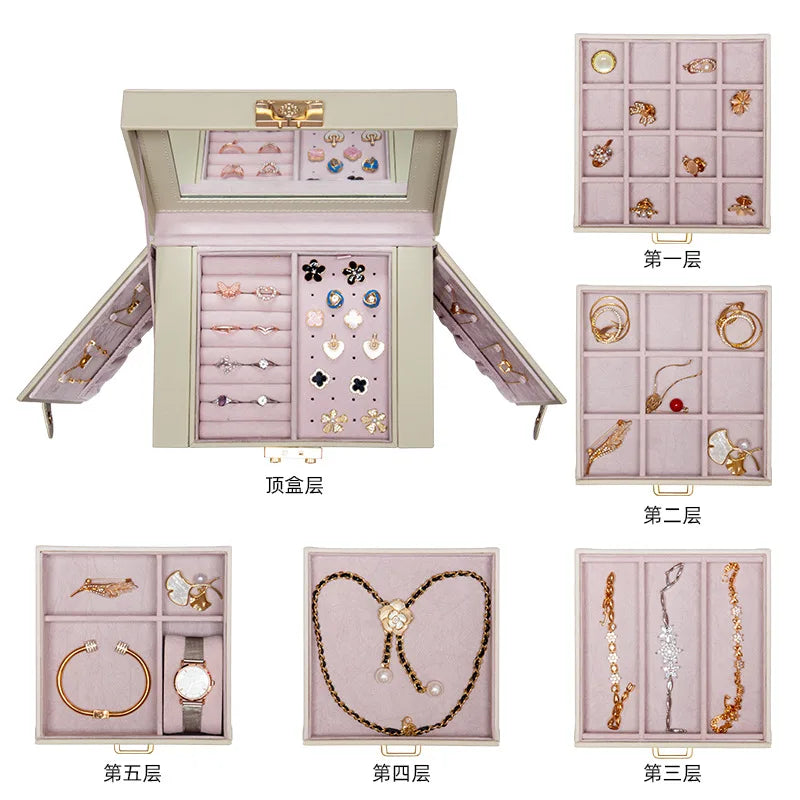 Boîte Cuir Bijoux Miroir Collier Bague Boucle Verrouillable
