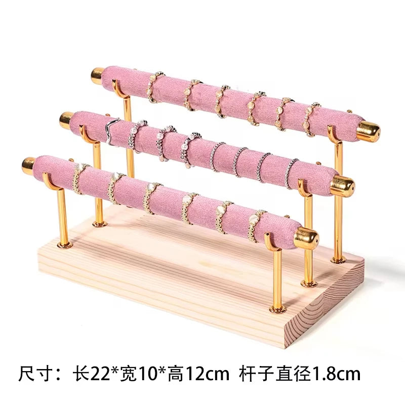 Présentoir Bijoux Velours Rose Bois Multifonction