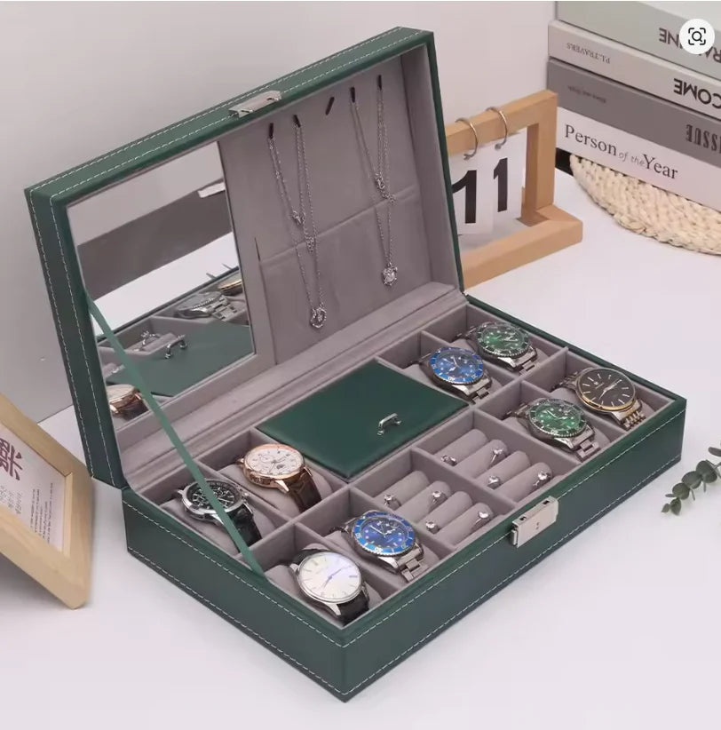 Boîte Bijoux Cuir Vert Miroir Serrure Vitrine