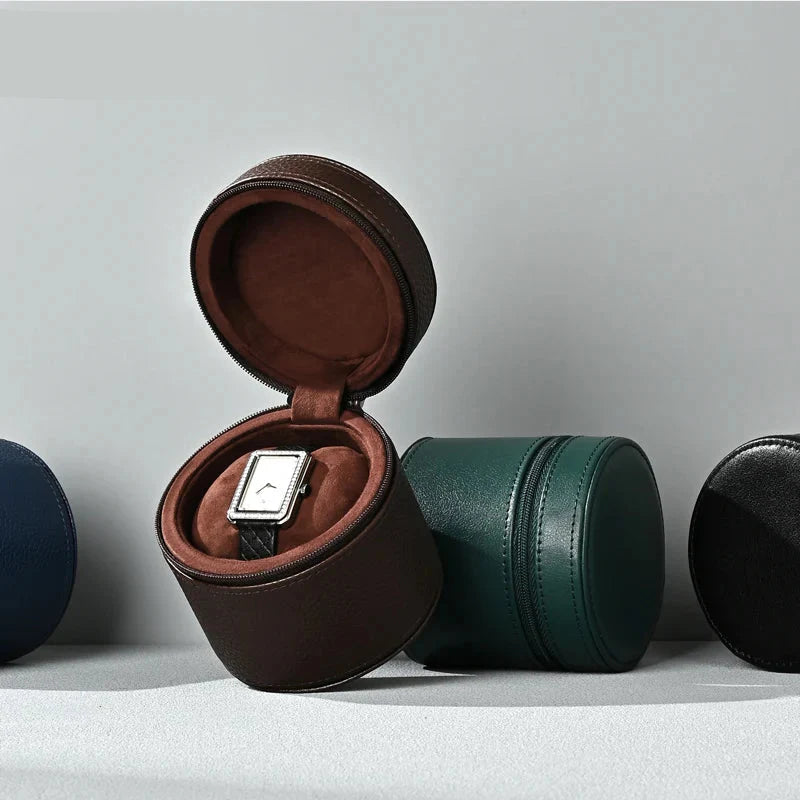Boîte Montre Cuir Voyage Ronde Compact