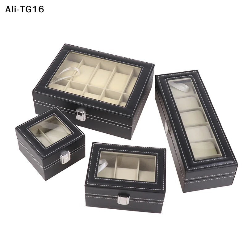 Boîte Montre Cuir Noir Verre Coussin