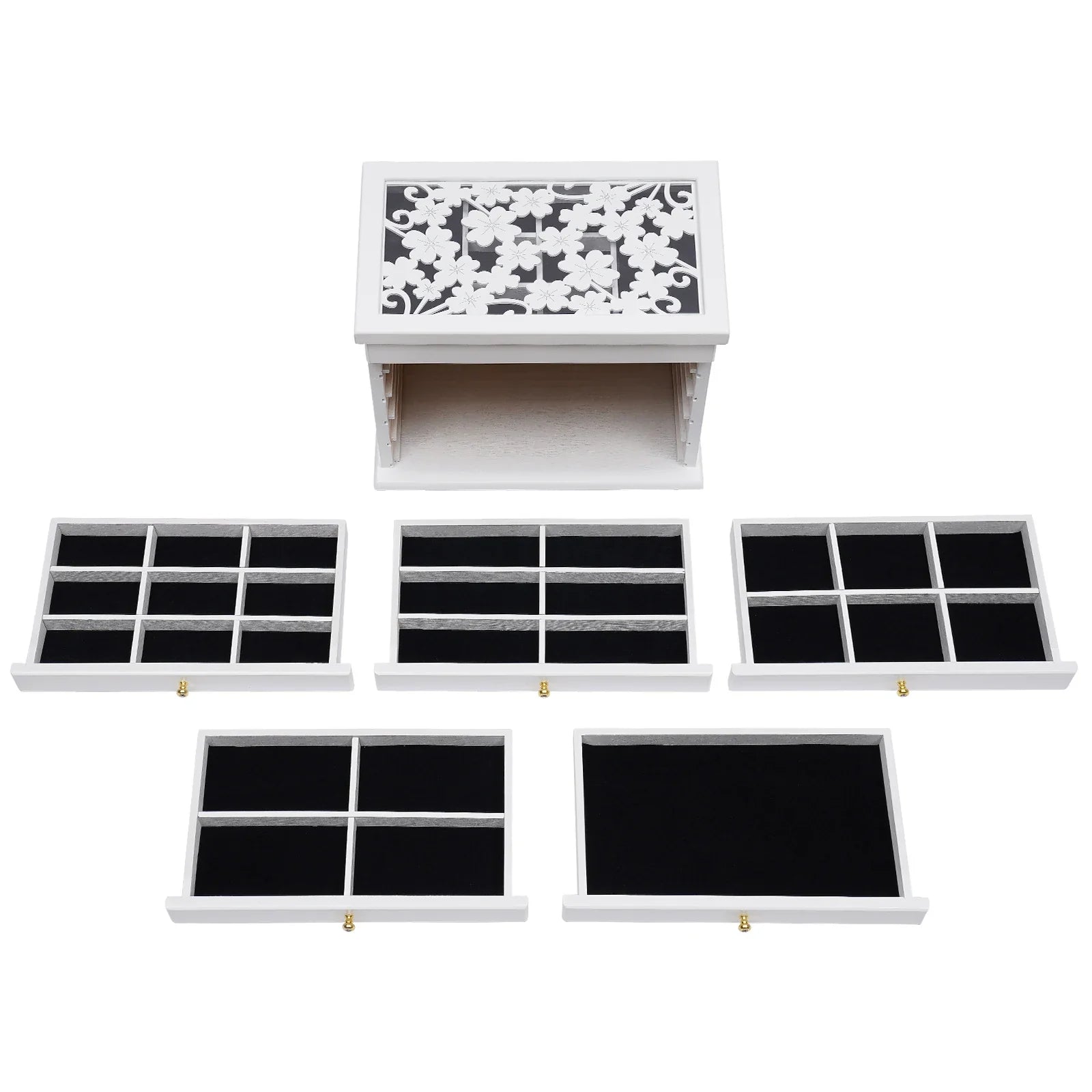 Boîte Bijoux Bois Sculpté Blanche 6 Tiroirs Élégante