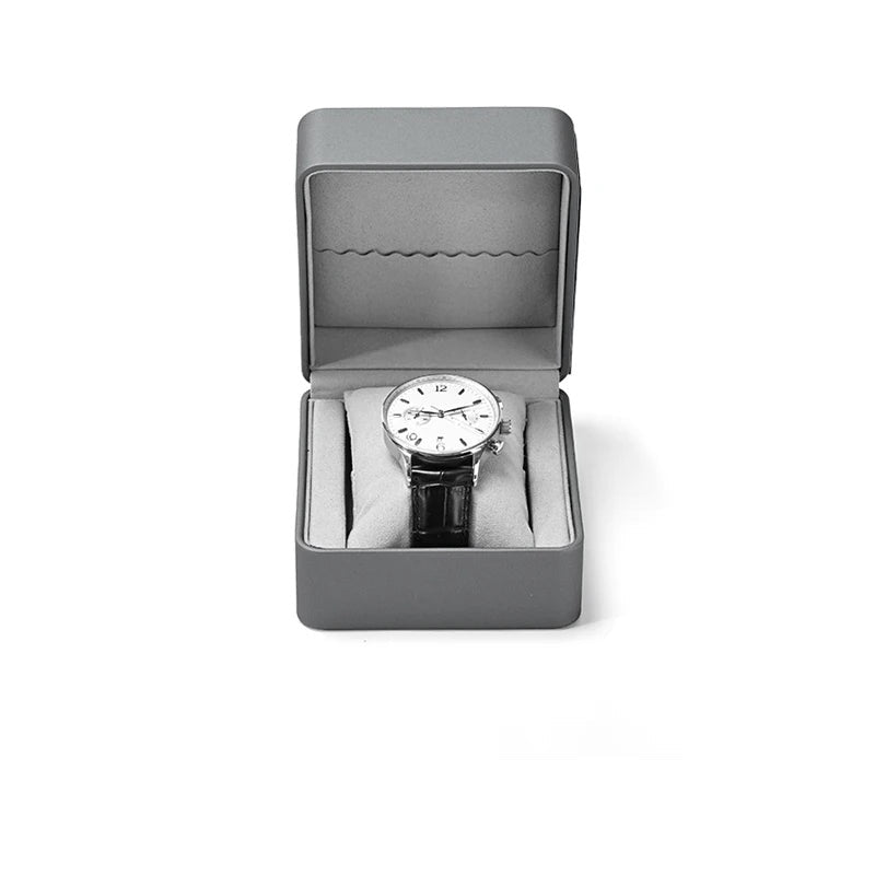 Écrin montre à clapet – gris clair avec dimensions