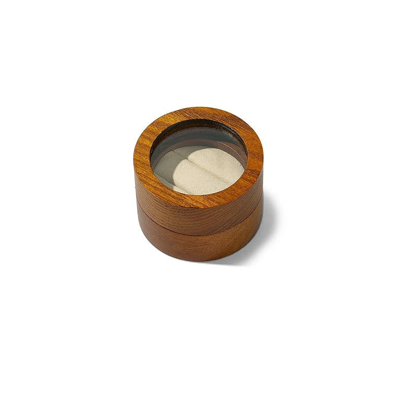 Boîte à bague ronde en bois – 2 bagues, intérieur beige
