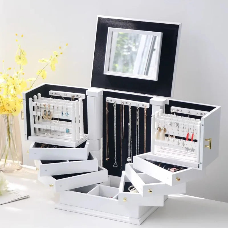 Boîte Bijoux Bois Blanc Miroir Grande