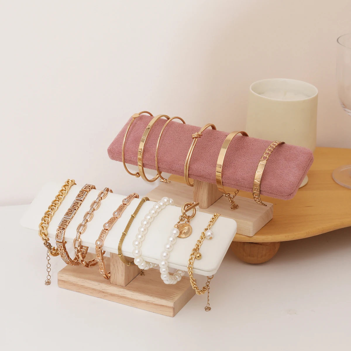 Présentoir Bracelet Bois Velours Cuir Forme T