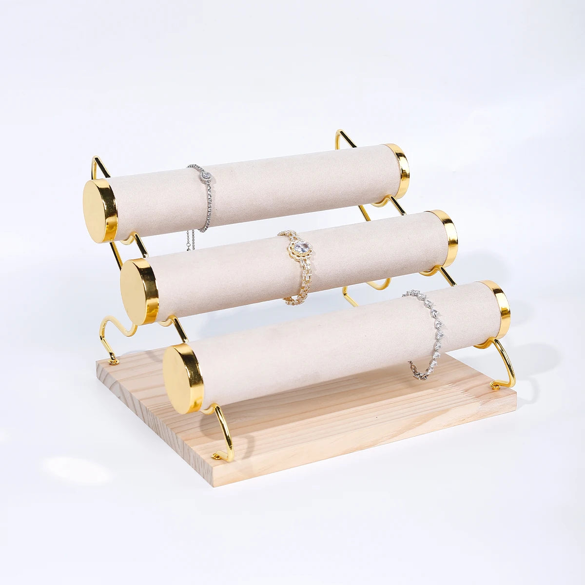 Présentoir Velours Bois 3 Niveaux Doré Bracelet