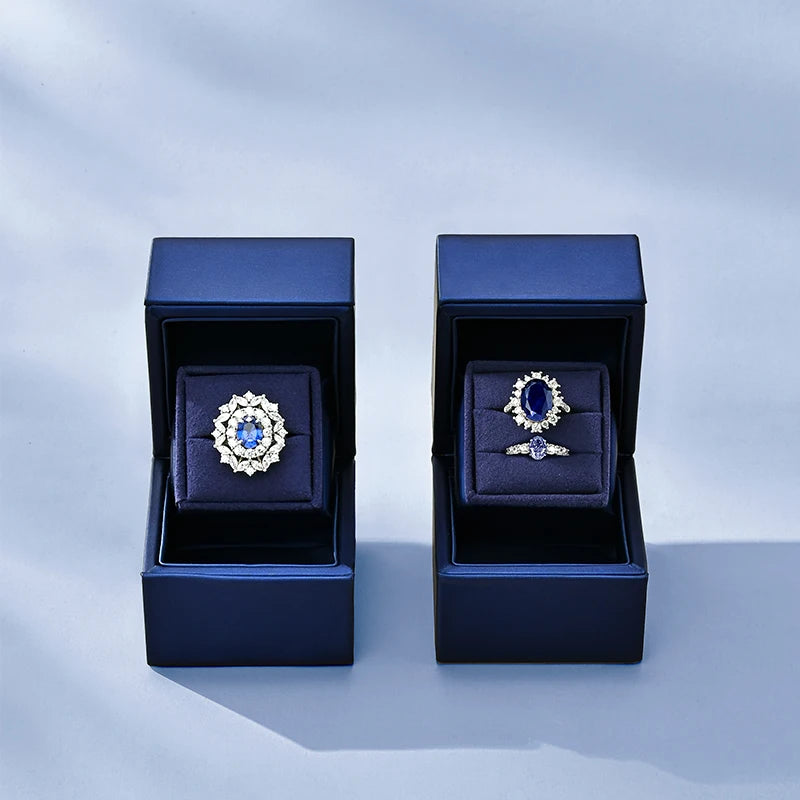 Boîte Bague Cuir Bleu Couple Mariage Diamant
