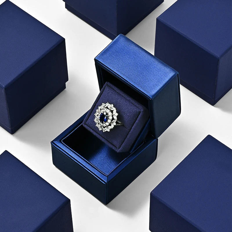Boîte Bague Cuir Bleu Couple Mariage Diamant