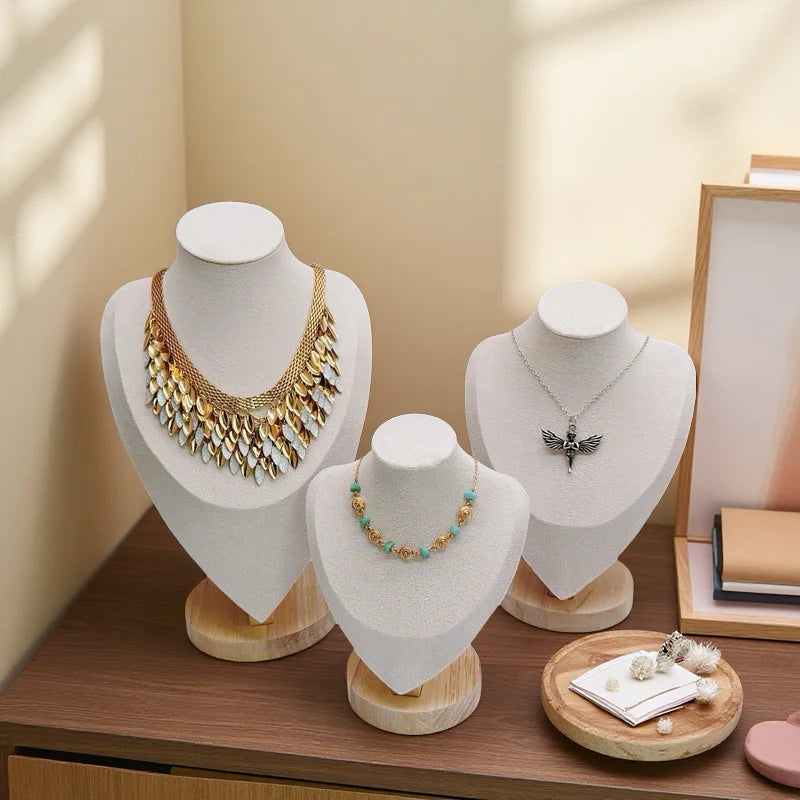 Présentoir Collier Buste Velours Bois