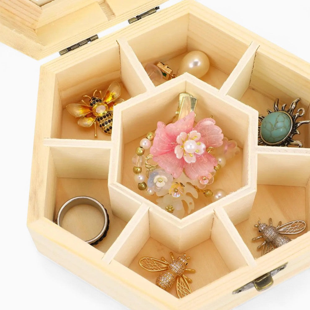 Boîte Bijoux Bois Hexagonale Compacte Compartiments