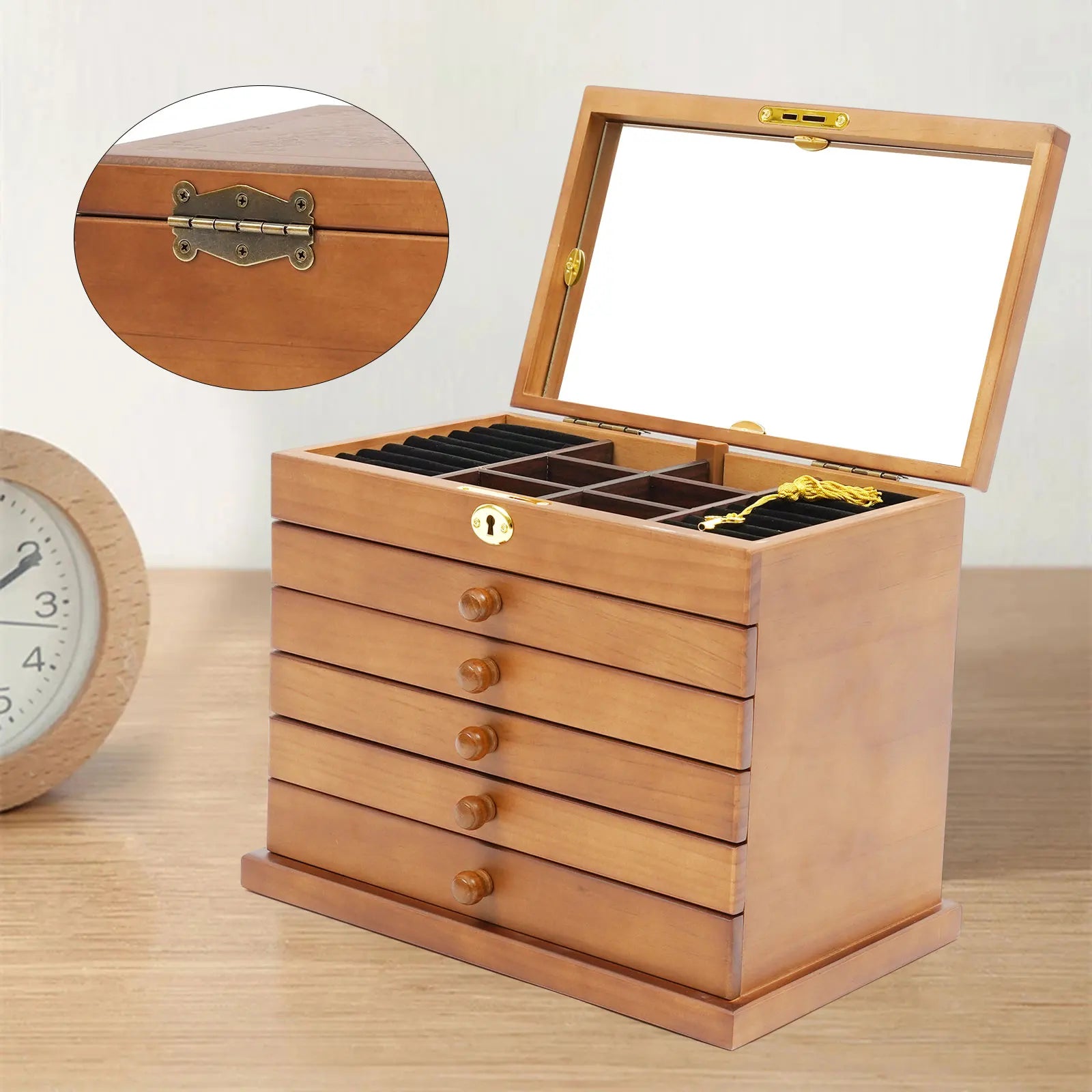 Boîte Bijoux Bois Massif 6 Tiroirs Miroir Serrure