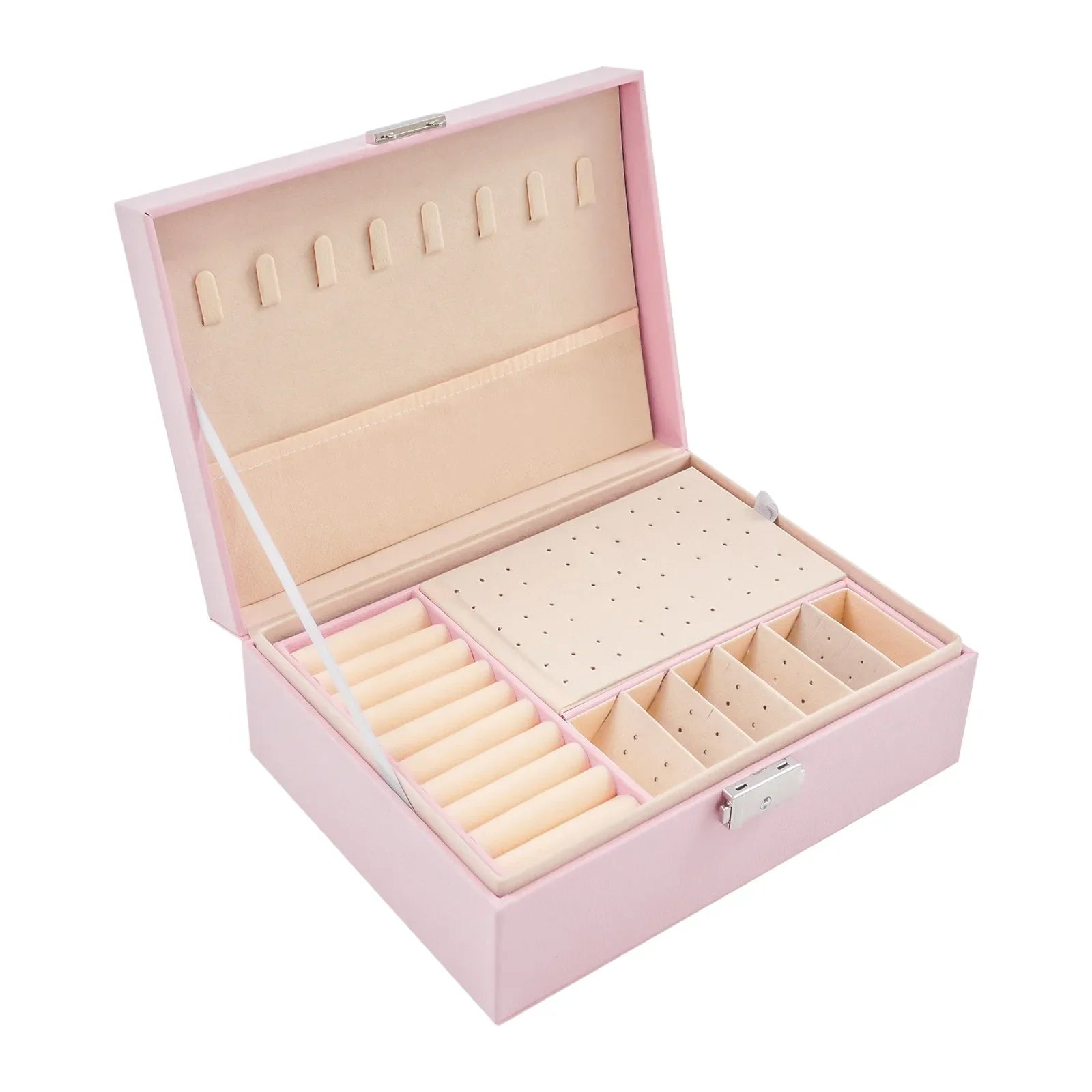 Boîte Bijoux Bois Rose Compartiments Serrure