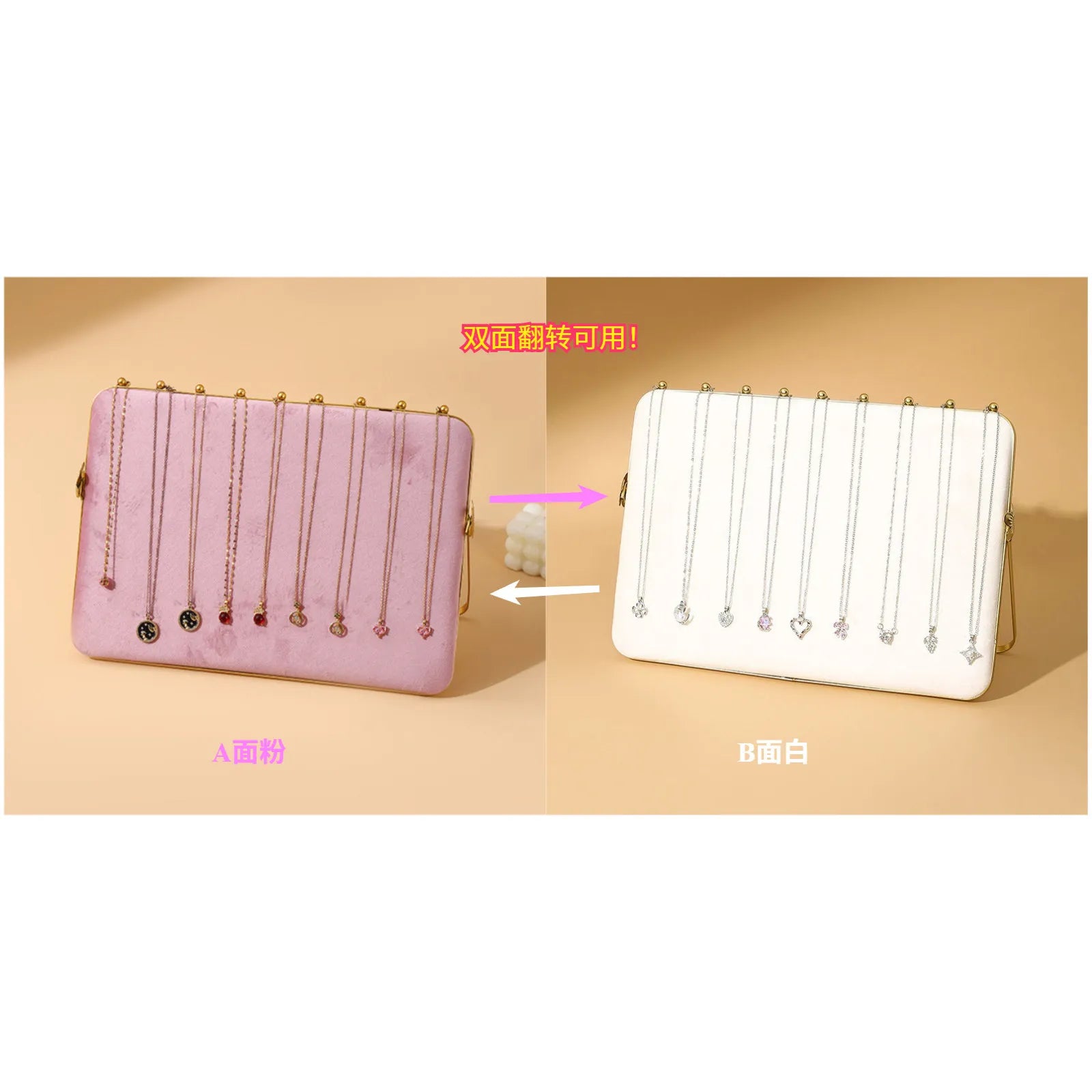 Plateau Bijoux Velours Rose Métal Multifonction