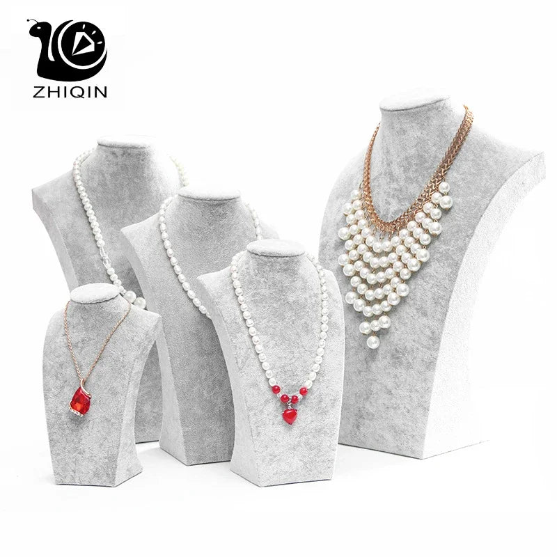 Buste Collier Velours Gris Présentoir Bijoux