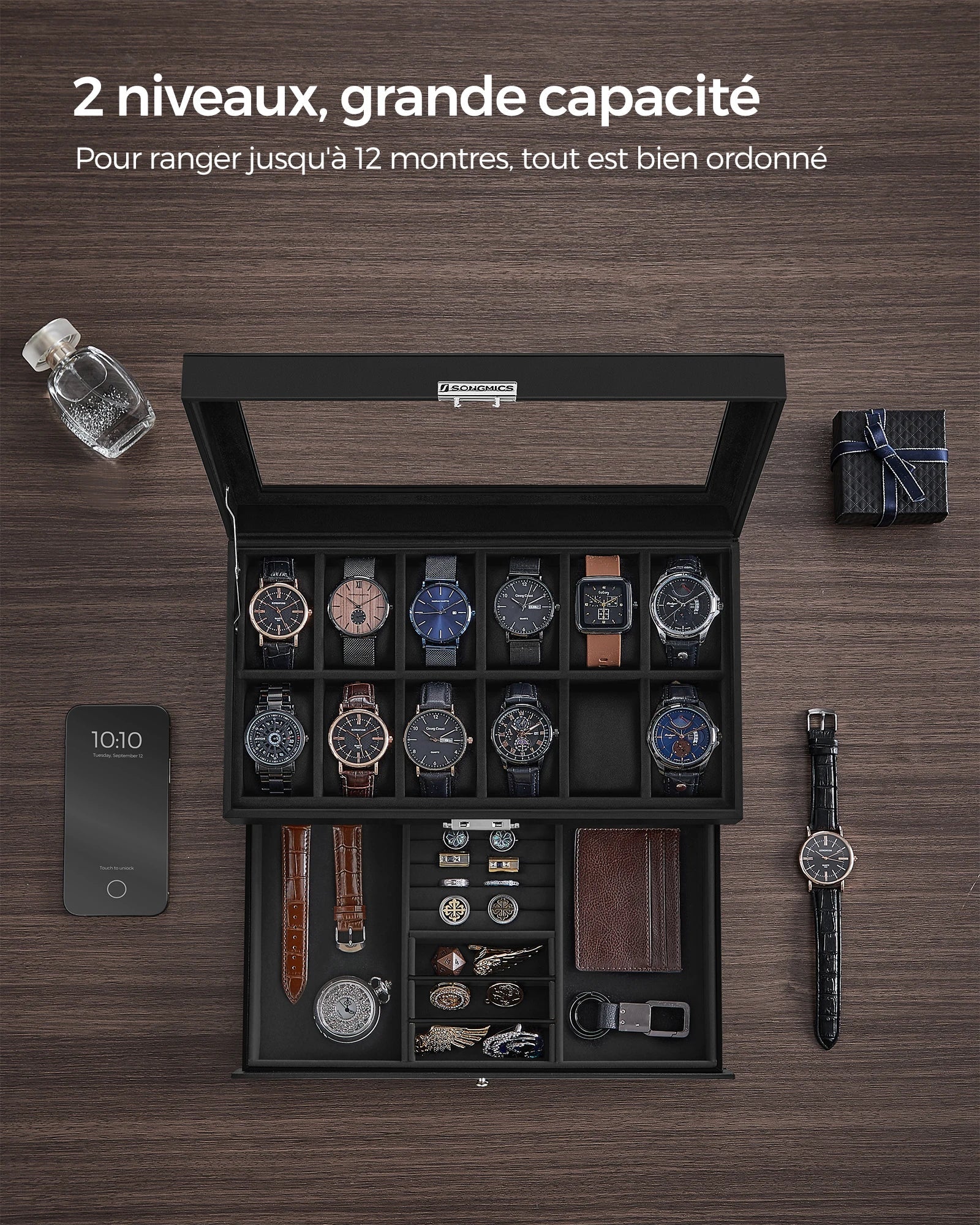 Boîte Montre Bois Serrure 12 Places Vitrine
