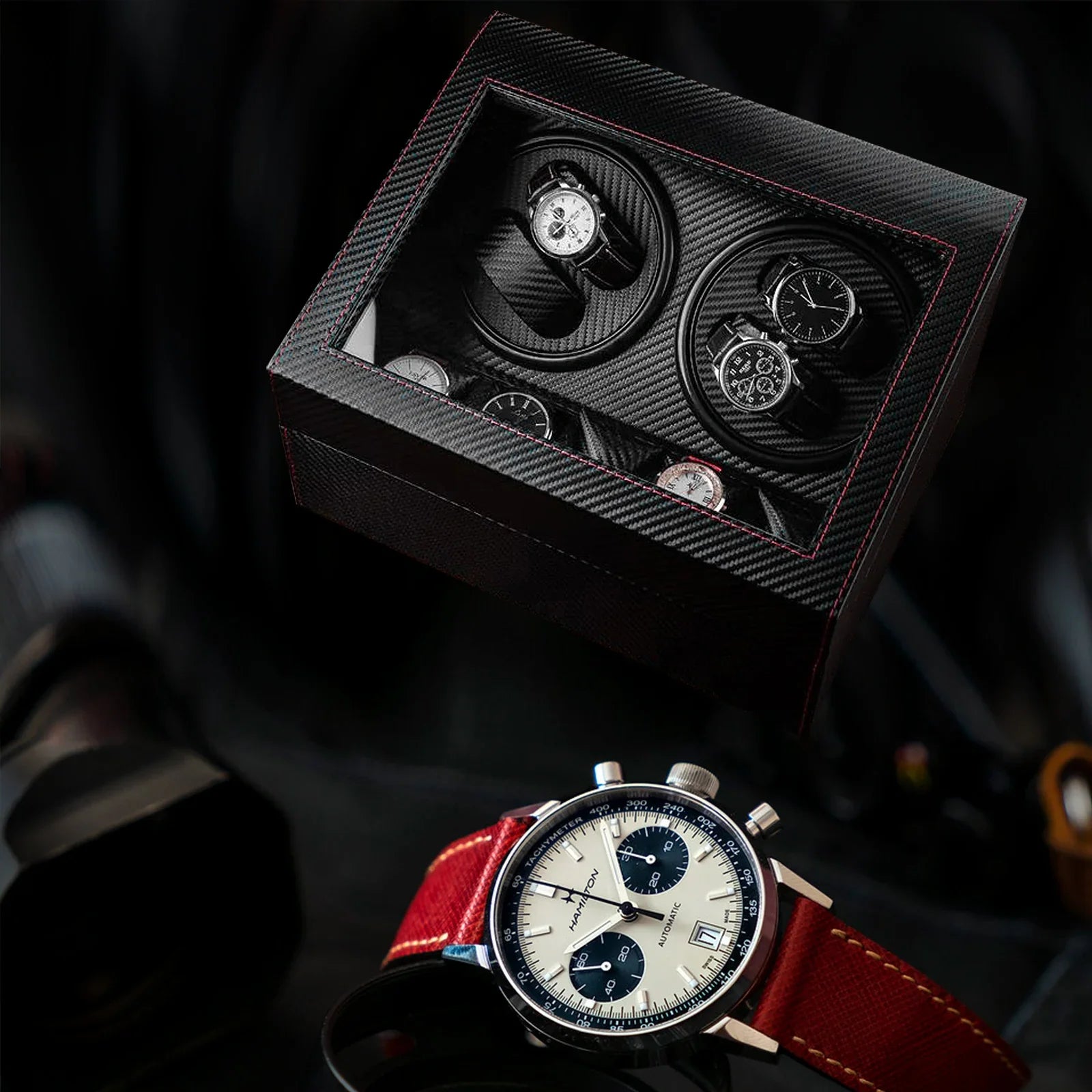 Coffre Fort Montre Cuir 10 Places Carbone Rotatif