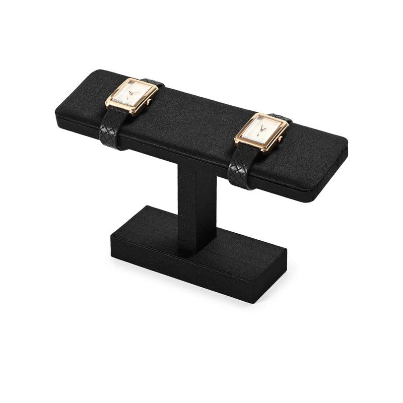 Présentoir bracelet barre en T – modèle noir soie au socle simple avec deux montres