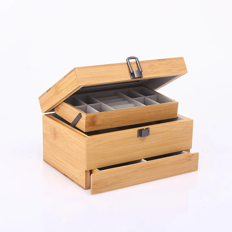 Boîte Bijoux Bois Bambou Miroir Tiroirs
