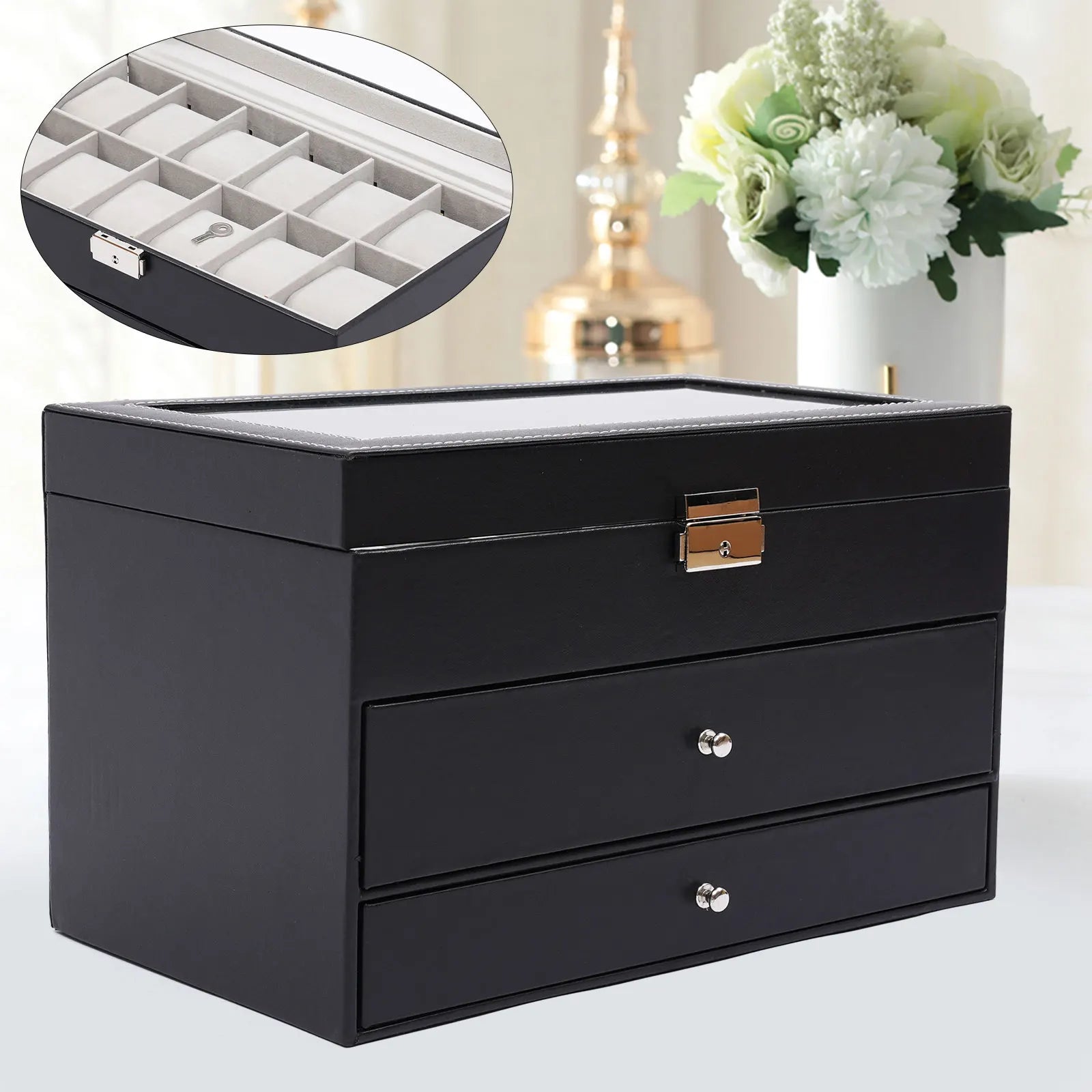 Boite Montre Cuir 12 Compartiments Vitrine