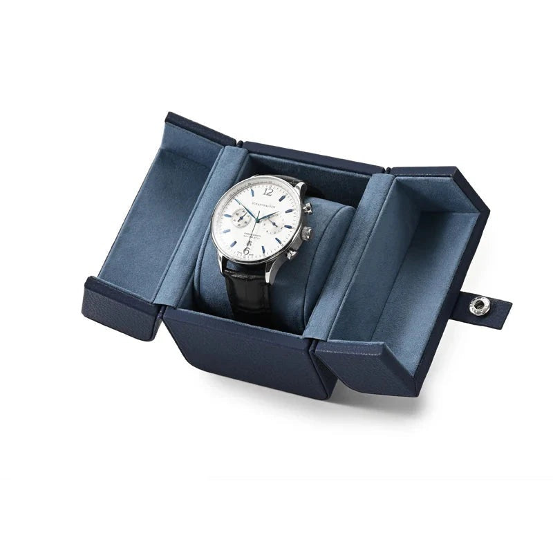 Boîte à montre individuelle – bleue ouverte avec dimensions
