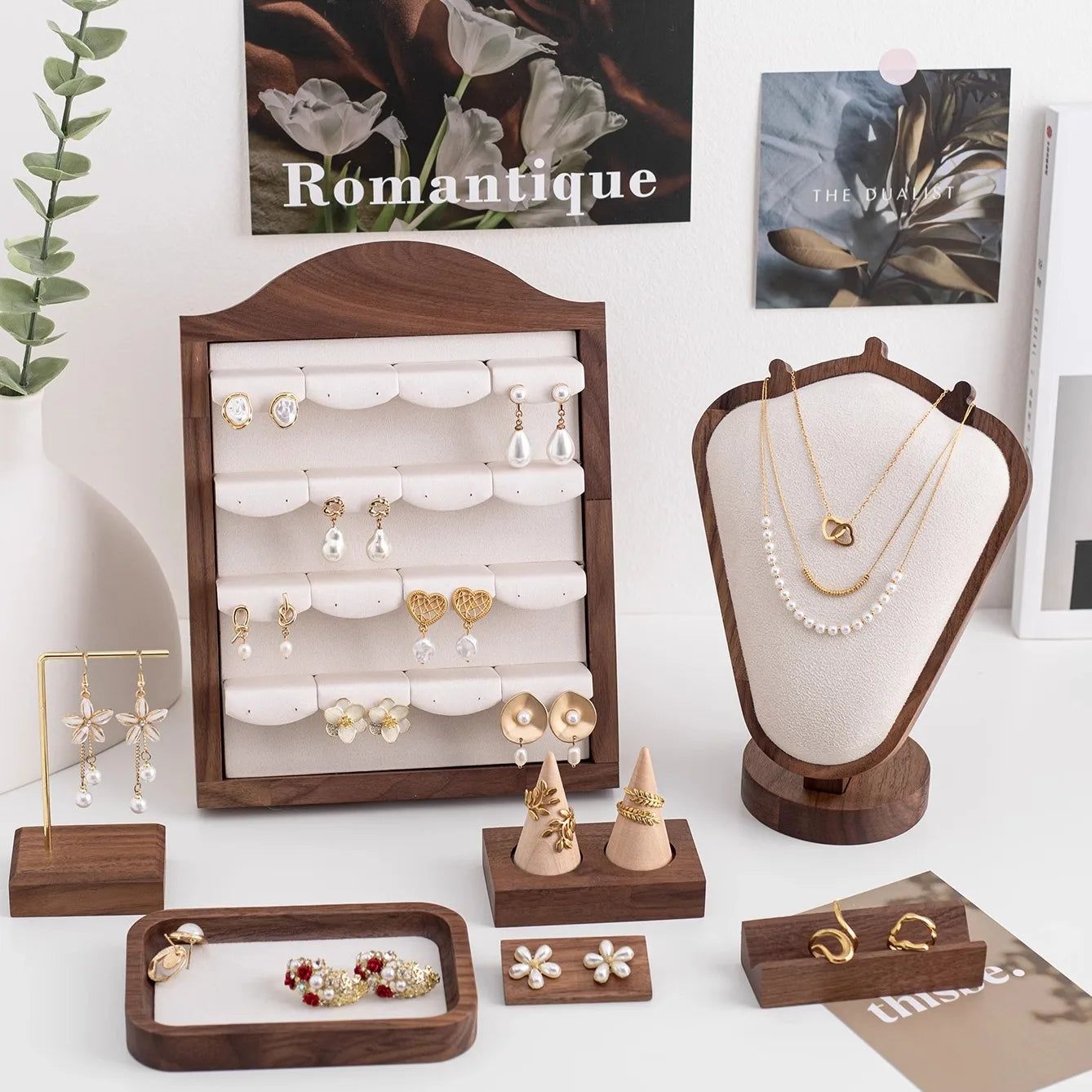 Présentoir Bijoux Bois Noyer Luxe Multi Niveaux