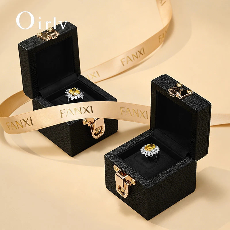 Boîte Cuir Véritable Bague Fiançailles Luxe Diamant