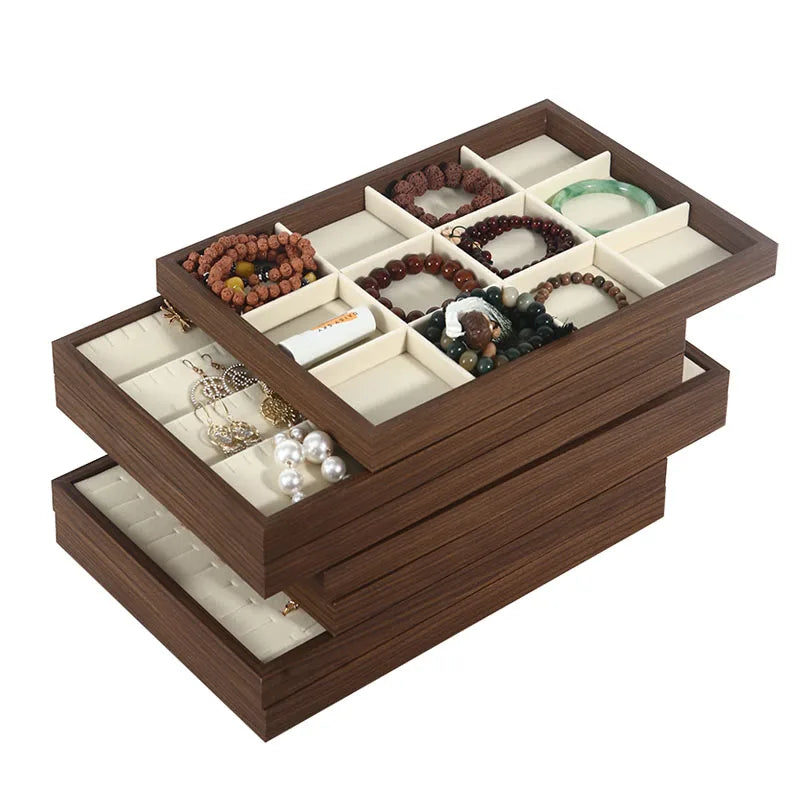 Plateau Bijoux Bois Noyer Velours Rétro