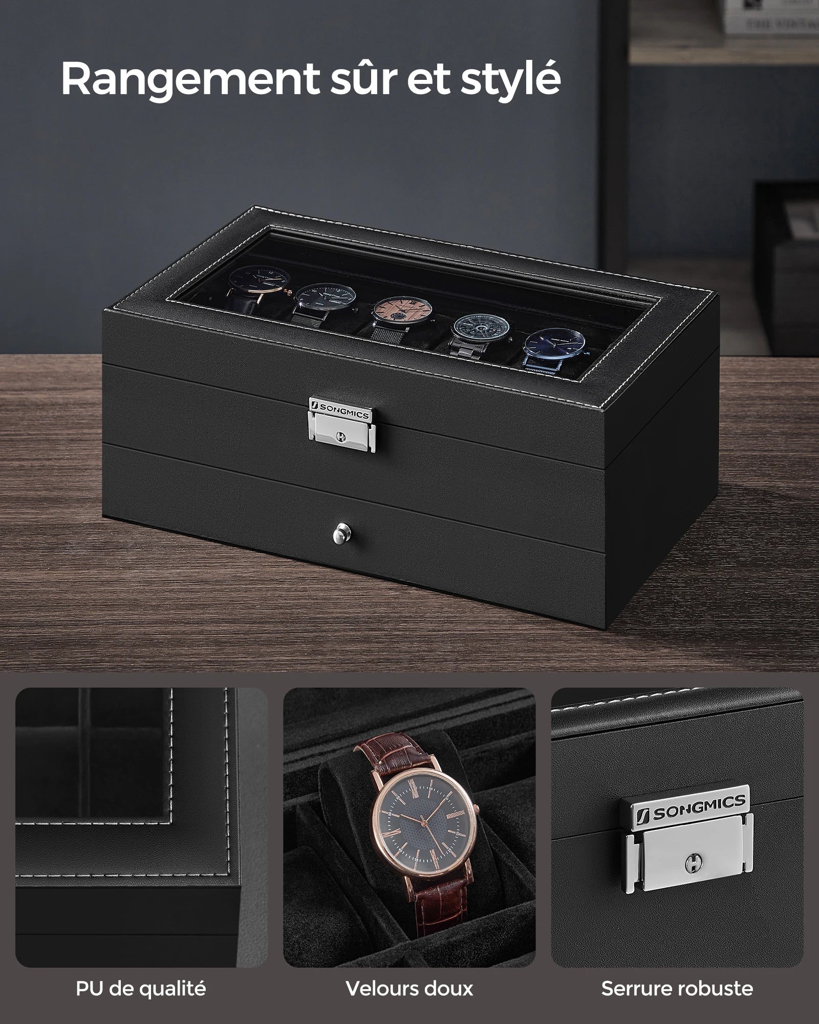 Boîte Montre Bois Serrure 12 Places Vitrine