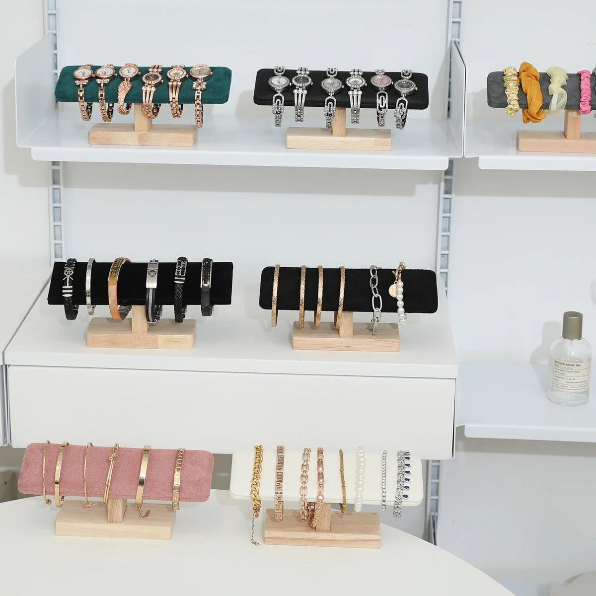 Présentoir Bracelet Bois Velours Cuir Forme T