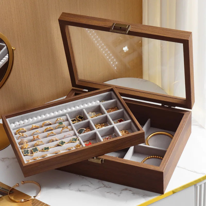 Boîte Bijoux Bois Foncé Double Plateau Velours