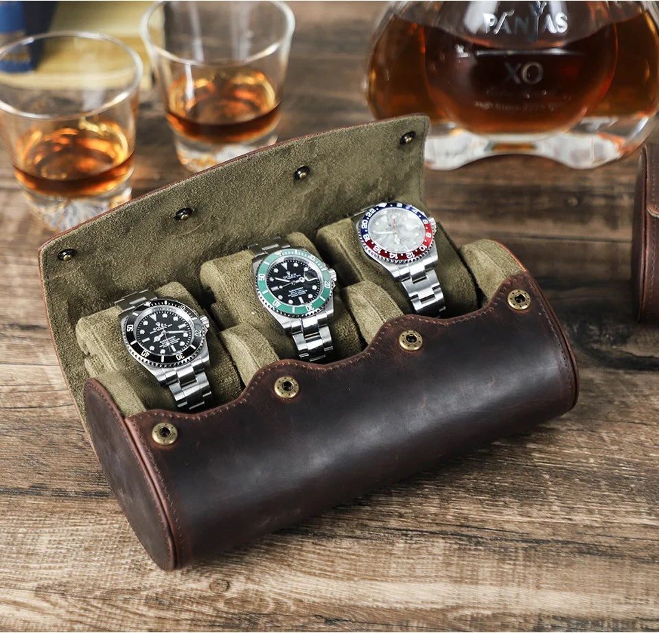 Mallette Montre Cuir Marron 3 Places Voyage