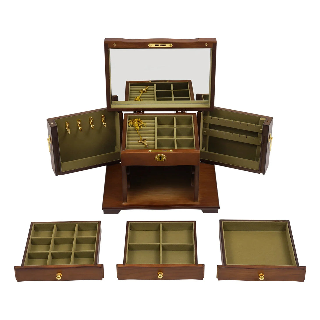 Boîte à bijoux en bois à 4 niveaux – portes latérales ouvertes, miroir et plateau supérieur
