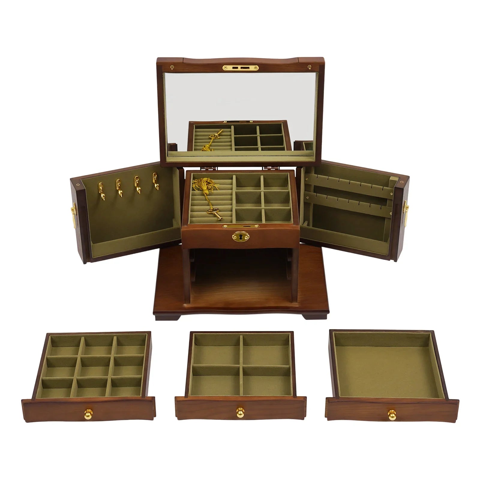 Boîte à Bijoux Bois MDF Velours 4 Niveaux Miroir