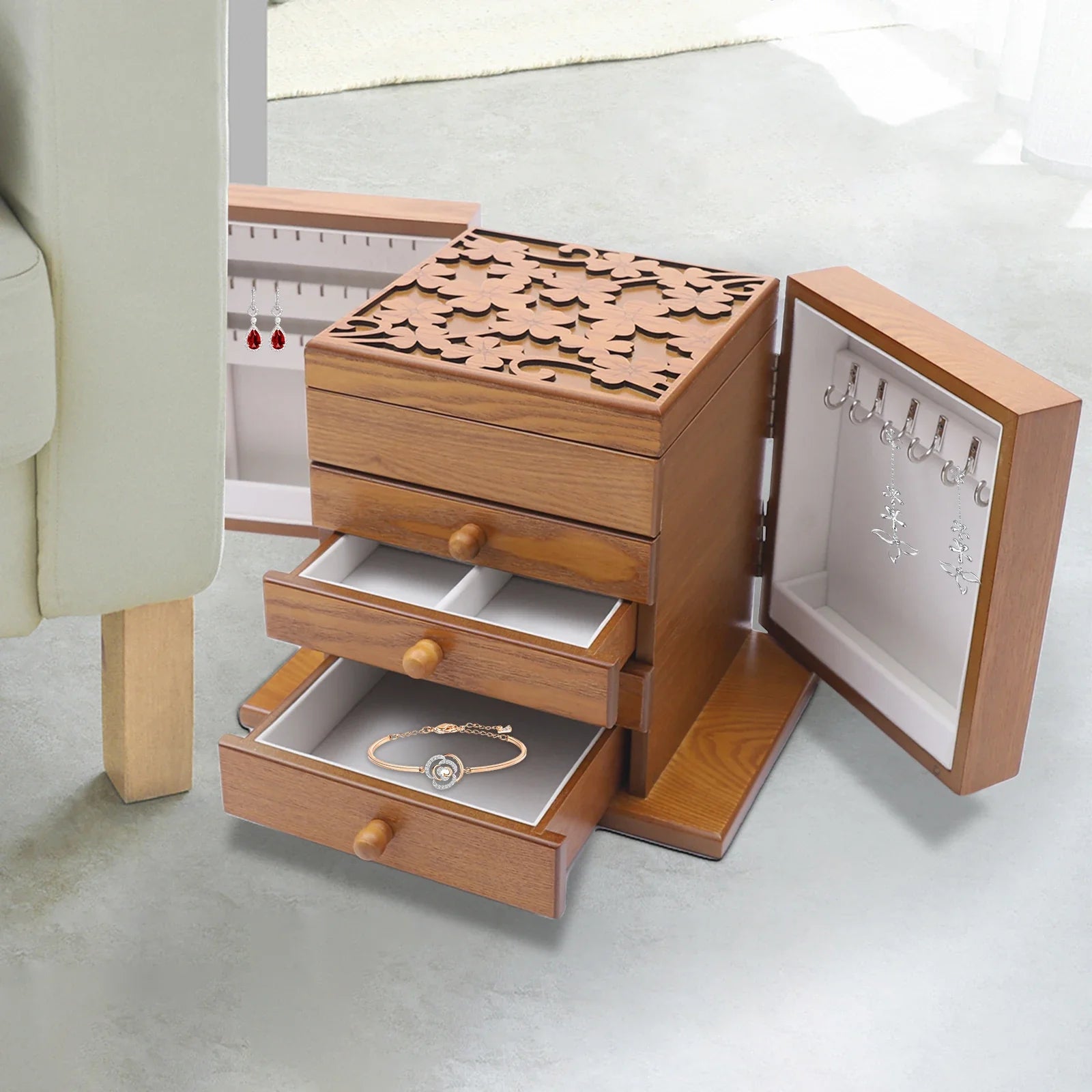Boîte à Bijoux Bois 4 Tiroirs Miroir Intégré